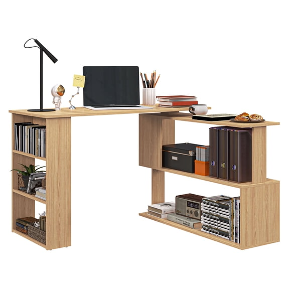 L Shaped Corner Desk with Storage, 360 Rotating Computer Desk, Maple Writing Workstation