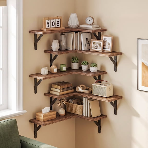 L-Shaped Corner Floating Shelves, Set of 5 Wood Wall Shelves with Iron Triangle Brackets, 16.1 x 11.4 in, for Bedroom Living Room Bathroom Office