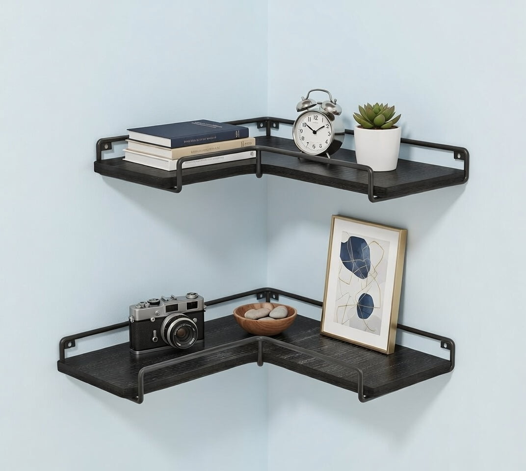 L-Shaped Corner Floating Shelves Wall Mounted, Metal Frame with Wood ...