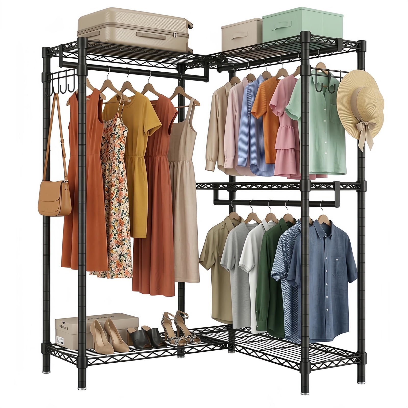 L-Shaped Corner Garment Rack, Heavy Duty Carbon Steel Clothing Rack with 3 Hanging Rods, 5 Shelves & Side Hooks, Adjustable Freestanding Clothes Organizer