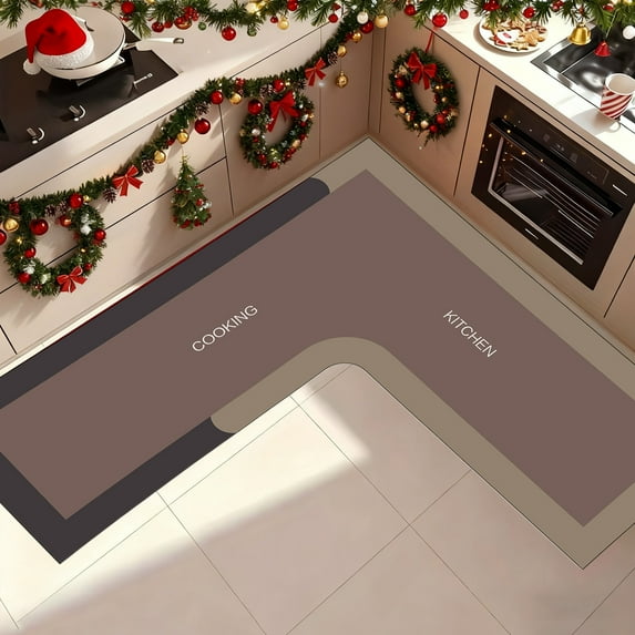 L-Shaped Corner Kitchen Rug | Non-Slip Absorbent Floor Mat for Cooking & Living Room | Machine Washable Velvet Fleece with Memory Foam | 47.2x29.5 Inches, Brown