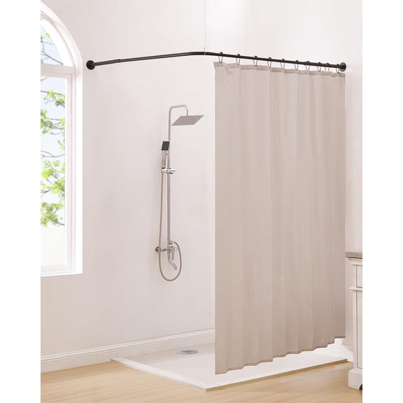 L-Shaped Corner Shower Curtain Rod, Adjustable 39"-68.5" x 55"-84.2", 90 ° Right-Angle Curved Bathroom Rod with 12 Hooks & Ceiling Support, Durable Easy Install