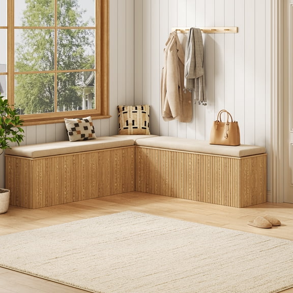 FOUHIU L-Shaped Corner Storage Bench with Cushion, Breakfast Nook Bench with Hidden Storage for Kitchen, Entryway, Natural