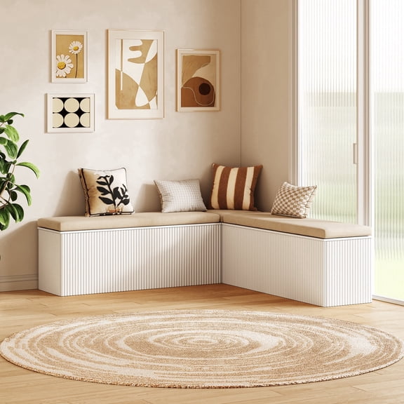 L-Shaped Corner Storage Bench with Cushioned Seat, Hidden Storage, White