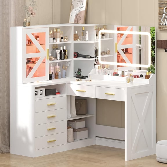 L-Shaped Corner Vanity Desk with LED Lighted Mirror & Charging Station, White Makeup Vanity with 6 Drawers & Sliding RGB Cabinet, Large Farmhouse Dressing Table with Open Storage Shelves for Women