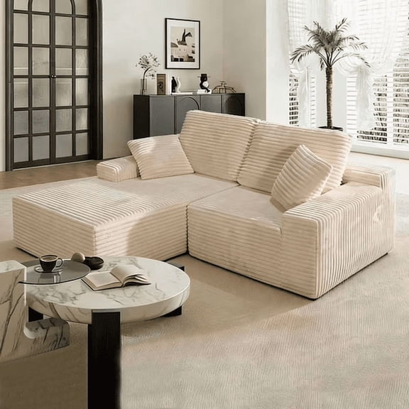 L-Shaped Couch Corduroy Modular Sectional Sofa, Boneless Cloud Couch with Memory Foam & Pocket Springs for Living room, No Assembly, Beige