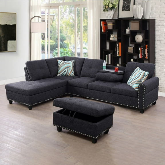 L Shaped Couch Modern Sectional Sofa with Left Chaise & Ottoman Tufted Modular Sofa Couch Set for Living Room, Black