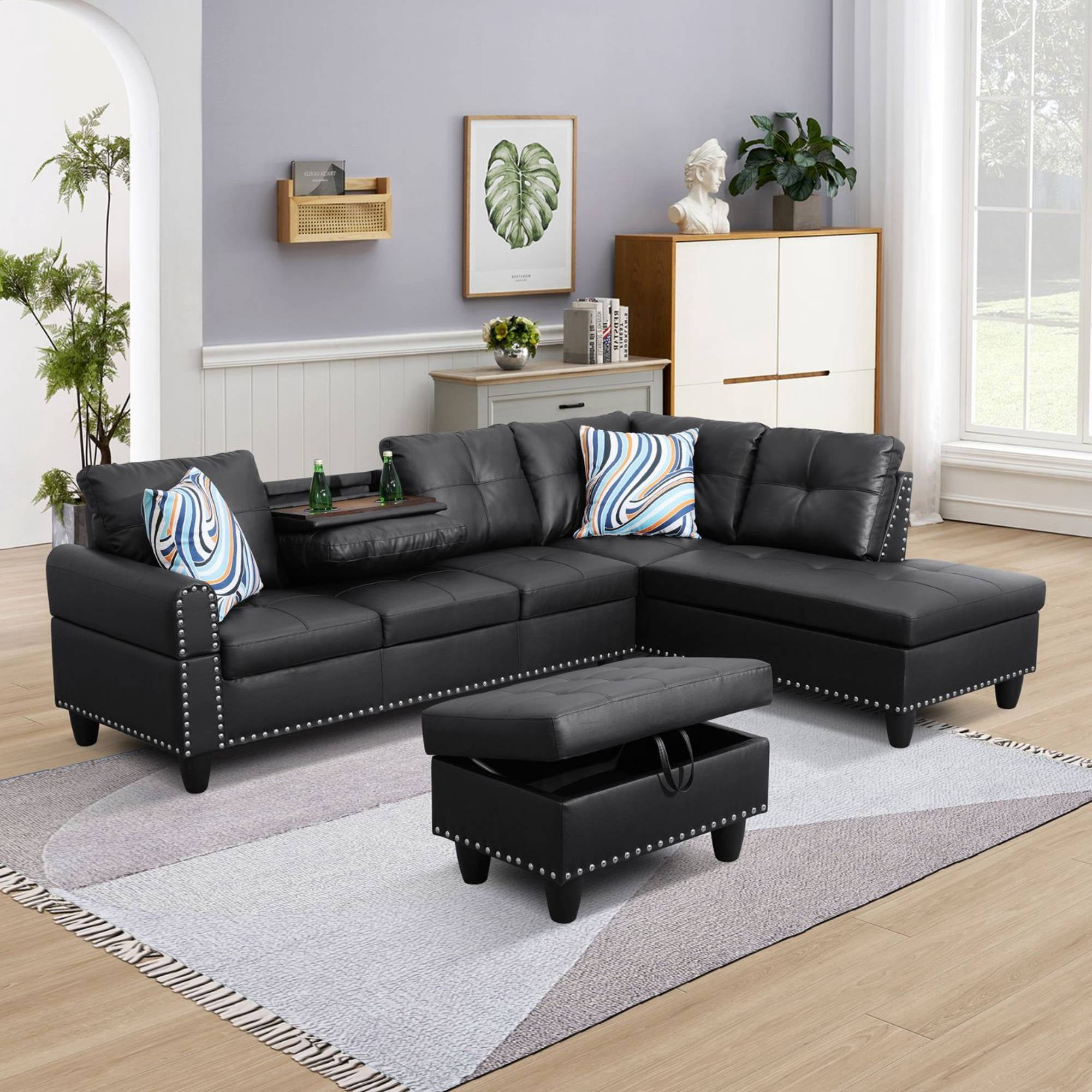 L Shaped Couch Modern Sectional Sofa with Right Chaise & Ottoman Modular Leather Sofa Couch Set for Living Room, Black