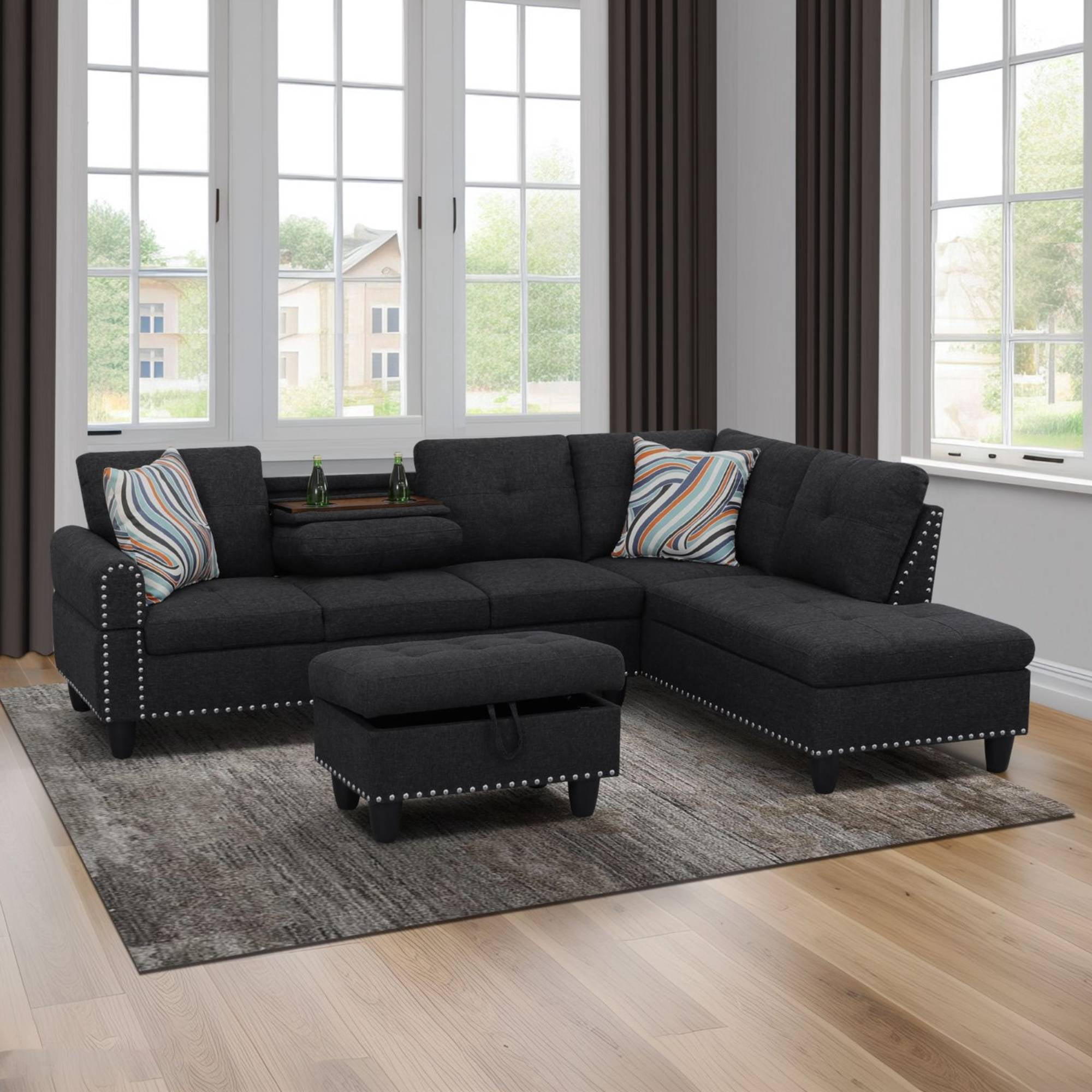 L Shaped Couch Modern Sectional Sofa with Right Chaise & Ottoman Modular Linen Sofa Couch Set for&nbsp;Living Room, Black