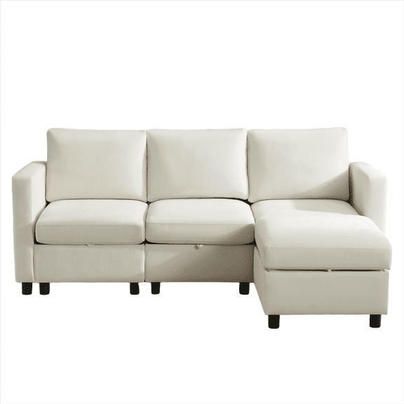 L Shaped Couch Set for Living Room, 4 Seat Storage Modular Sofa with Movable Ottoman, Chenille Beige
