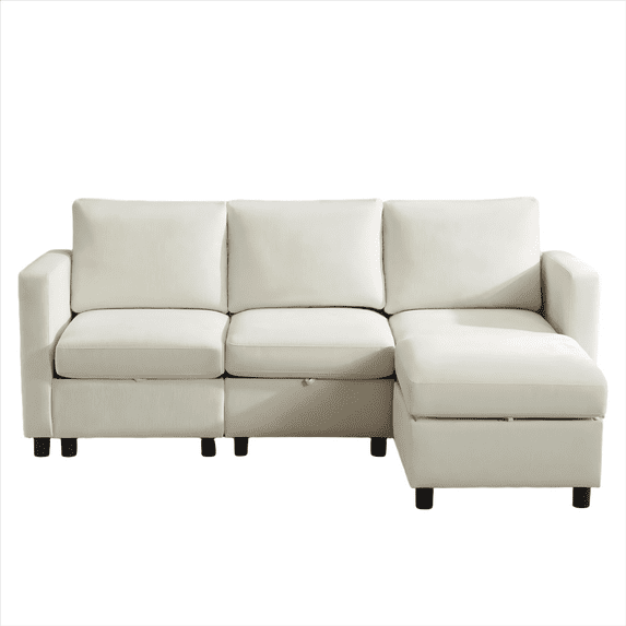 L Shaped Couch Set for Living Room, 4 Seat Storage Modular Sofa with Movable Ottoman, Chenille Beige