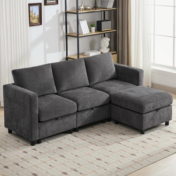 L Shaped Couch Set for Living Room, 4 Seat Storage Modular Sofa with Movable Ottoman, Chenille Dark Grey