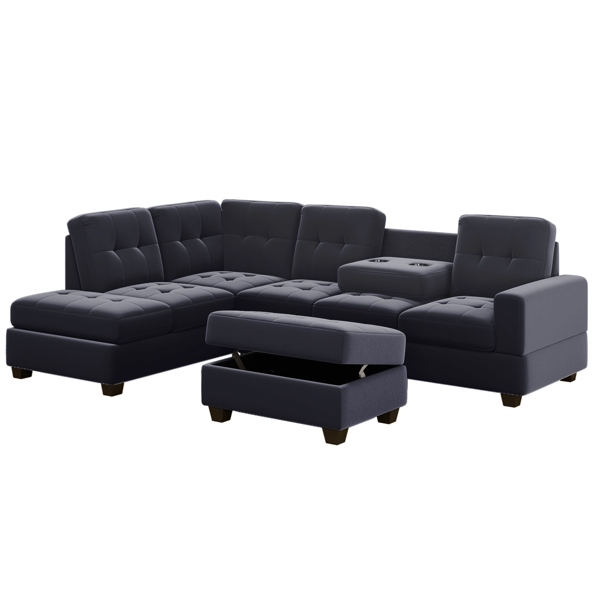 L Shaped Couch Set with Storage Ottoman and Two Cup Holders, 6Seat