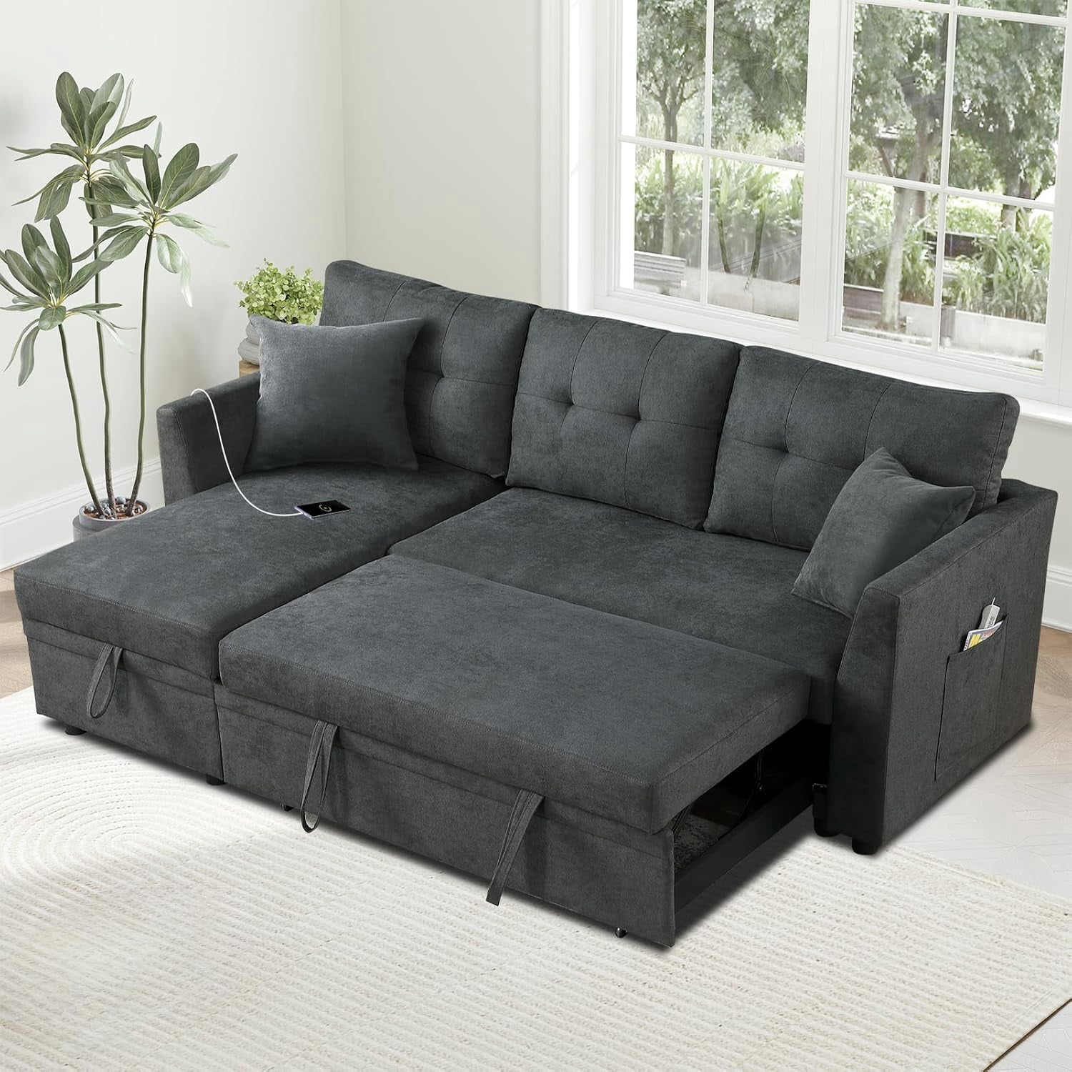 L Shaped Couch with Storage, Pull Out Sofa Bed with USB&Type-C Ports ...