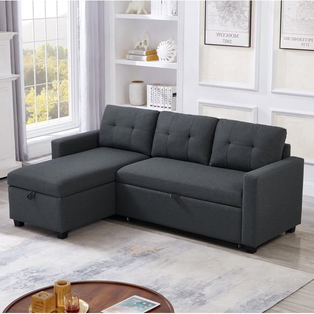 L Shaped Couch with Pull Out Bed and Storage Reversible Chaise ...