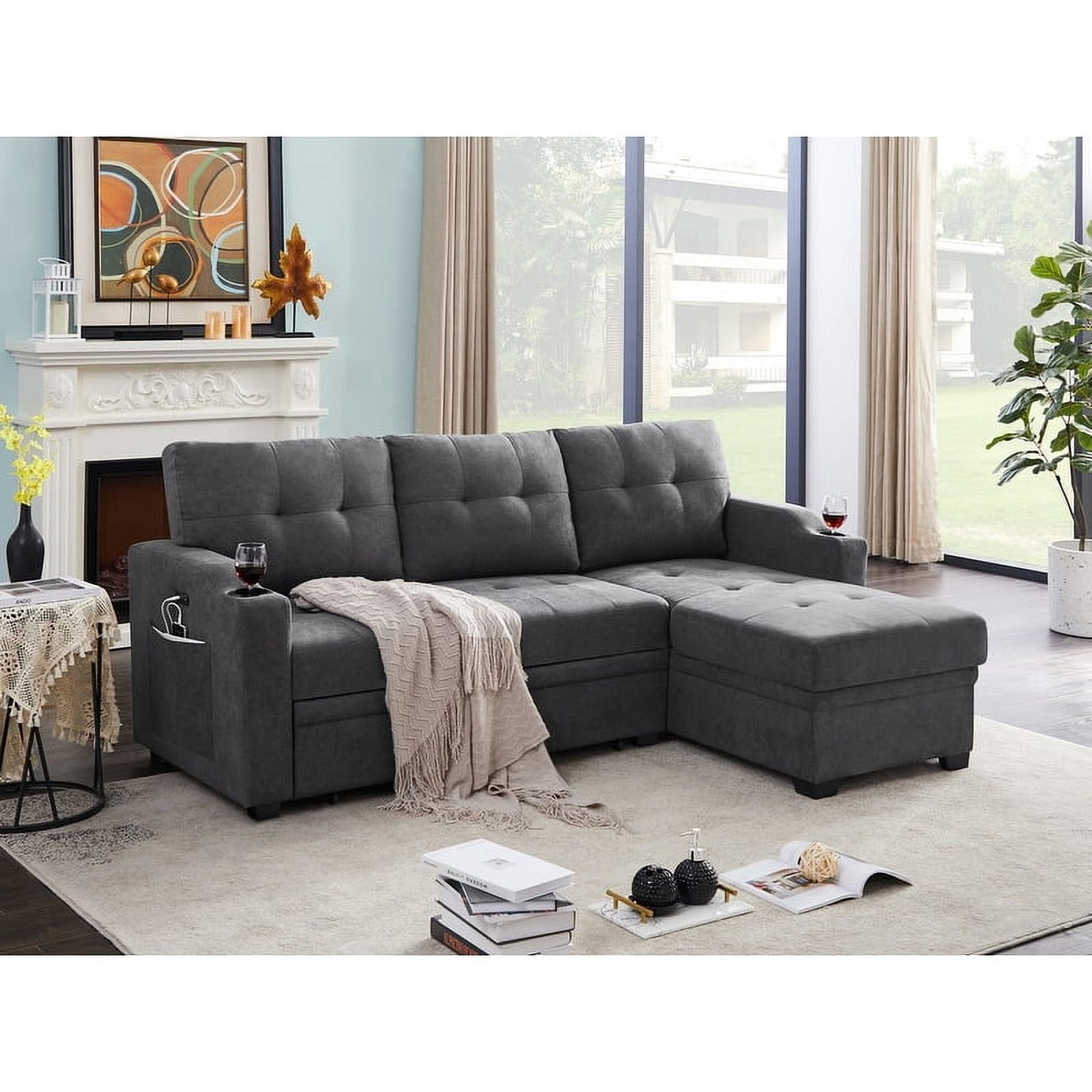 L-Shaped Dark Gray Woven Fabric Sleeper Sofa with Cup Holders, USB ...