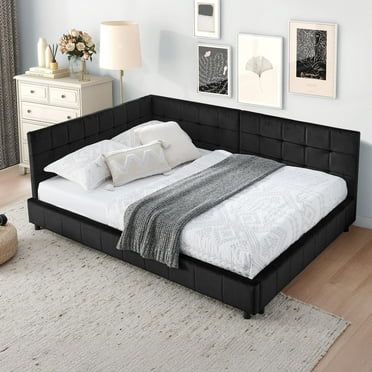 Full Size L-Shaped Upholstered Daybed Frame with Velvet Fabric and Wooden Base, No Box Spring Needed, Black