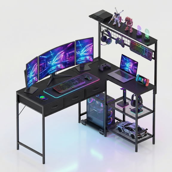 L Shaped Desk with 3 Drawers and Storage Shelves, Reversible Computer Desk with Bookshelf for Home Office, Corner Gaming Desk with LED Lights, Power Outlets and Storage Bad, Black
