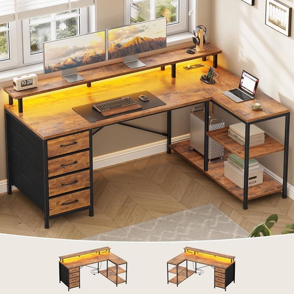L Shaped Desk with 4 Fabric Drawers, Storage Shelves, Power Outlets & RGB LED Light Strips, Brown