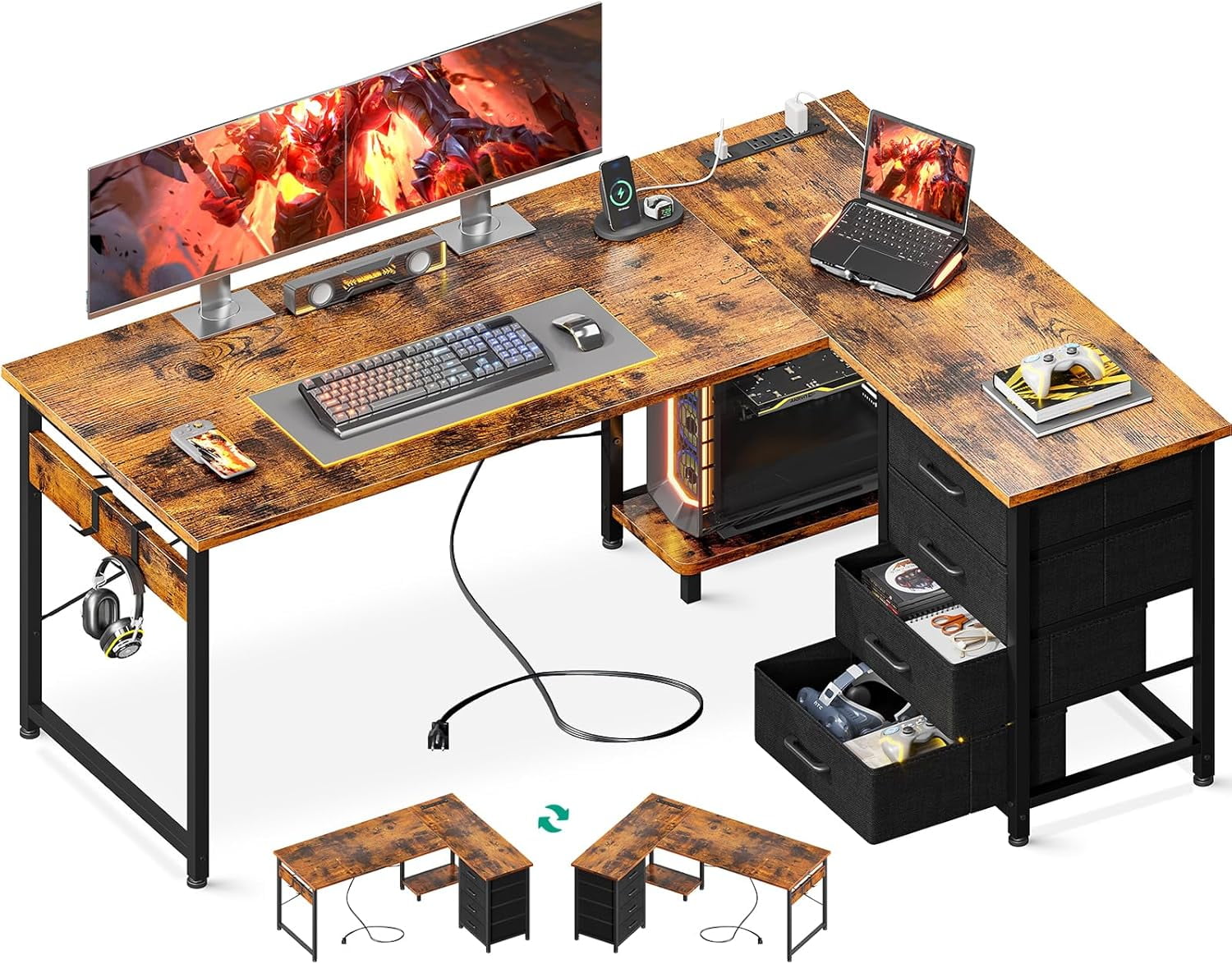 L Shaped Desk with 4 Tier Drawers, 53" Gaming Desk with Power Outlets ...