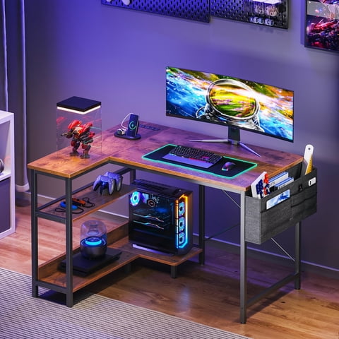 Casacomoda 40 Inch L Shaped Computer Desk with Power Outlet & Storage Shelves, Small Corner Desk with CPU Stand and Side Storage Bag, Home Office Desk, Vintage