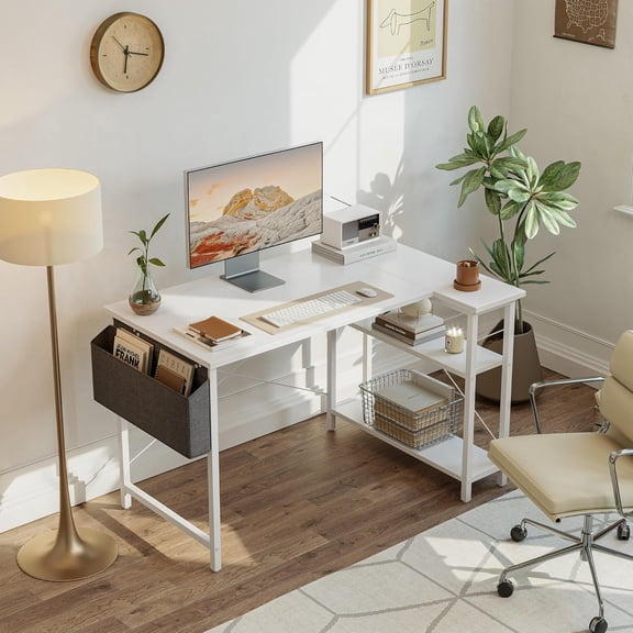 L Shaped Desk, 47" Small Reversible Corner Computer Desk with Storage Shelves, Home Office Desk Study Writing Table, White