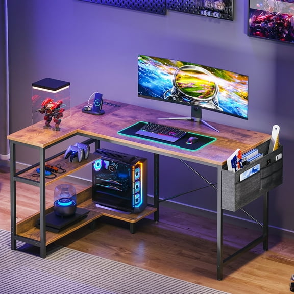 Casacomoda L Shaped Desk, 48 Inch Computer Desk with Reversible Storage Shelves Home Office Corner Desk Study Writing Table, Vintage