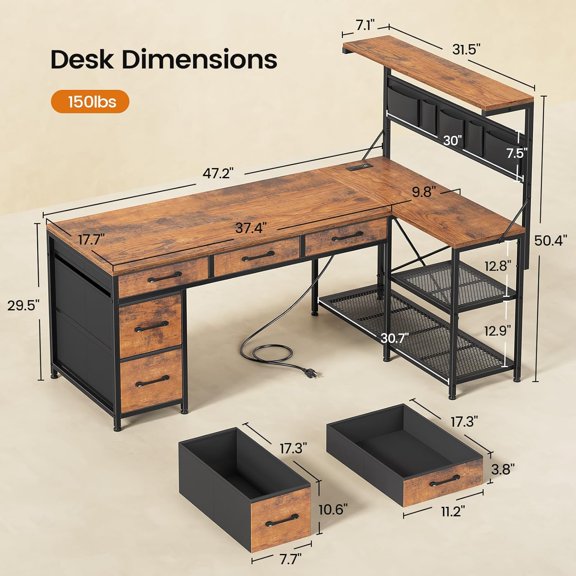 L Shaped Desk with 5 Drawers and Storage Shelves, Reversible Computer Desk with Bookshelf for Home Office, Corner Gaming Desk with LED Lights, Power Outlets and Storage Bag, Rustic Brown
