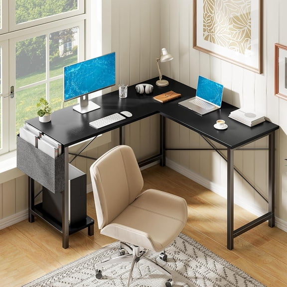 L Shaped Desk, 50 Inch Computer Desk, Gaming Table Corner Desk for Small Space, Home Office Desk with CPU Stand and Side Storage Bag, Sturdy Writing Workstation for Bedroom, Black