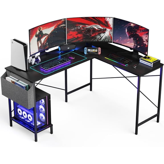 L Shaped Desk - 50" Reversible Home Office Computer Desk, Wood Top, Metal Frame, Side Bag, Sturdy Gaming Desk Corner Table for Work, Writing and Study, Space-Saving
