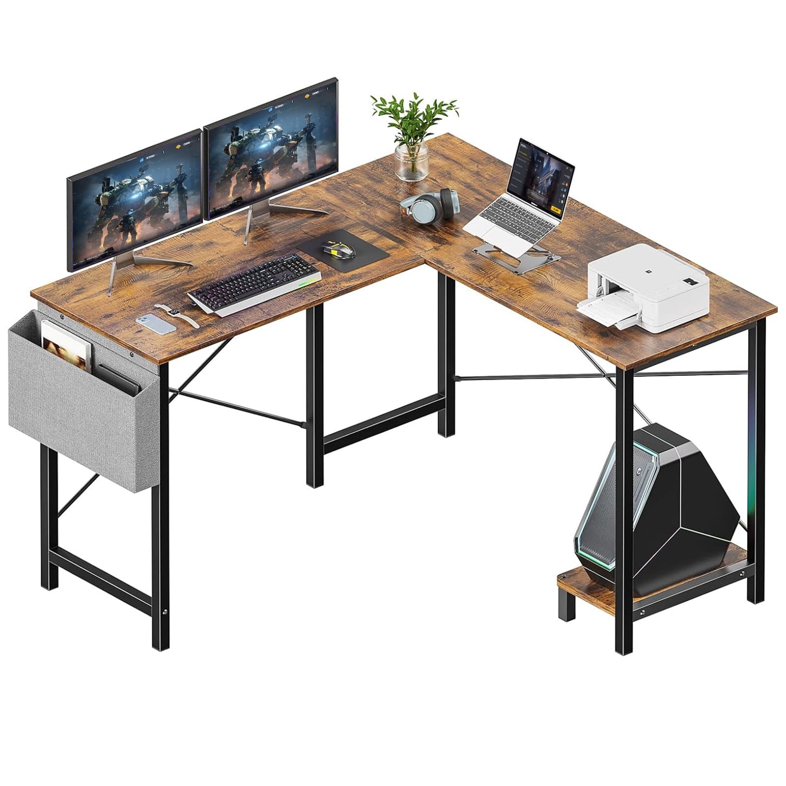 L Shaped Desk, 50 inch Reversible Corner Computer Desk with Storage Shelf & Side Bag, Home Office Working Workstation Gaming Table, Brown