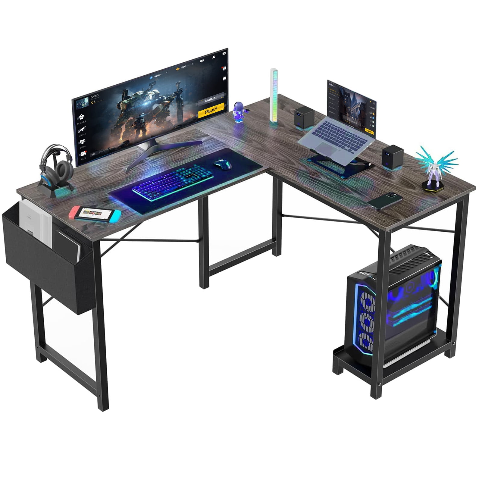 L Shaped Desk, 50 inch Reversible Corner Computer Desk with Storage Shelf & Side Bag, Home Office Working Workstation Gaming Table, Gray