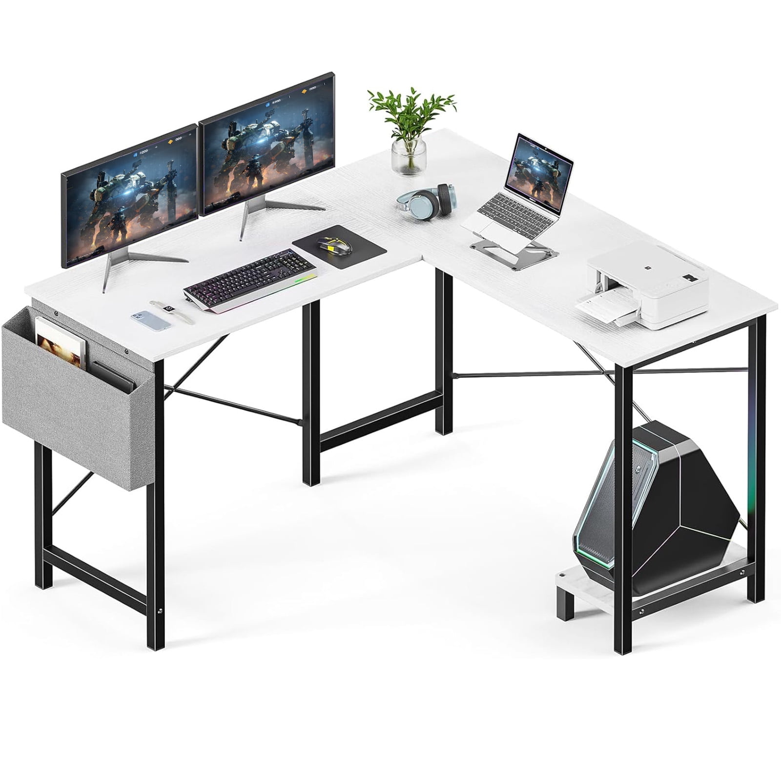 L Shaped Desk, 50 inch Reversible Corner Computer Desk with Storage Shelf & Side Bag, Home Office Working Workstation Gaming Table, White