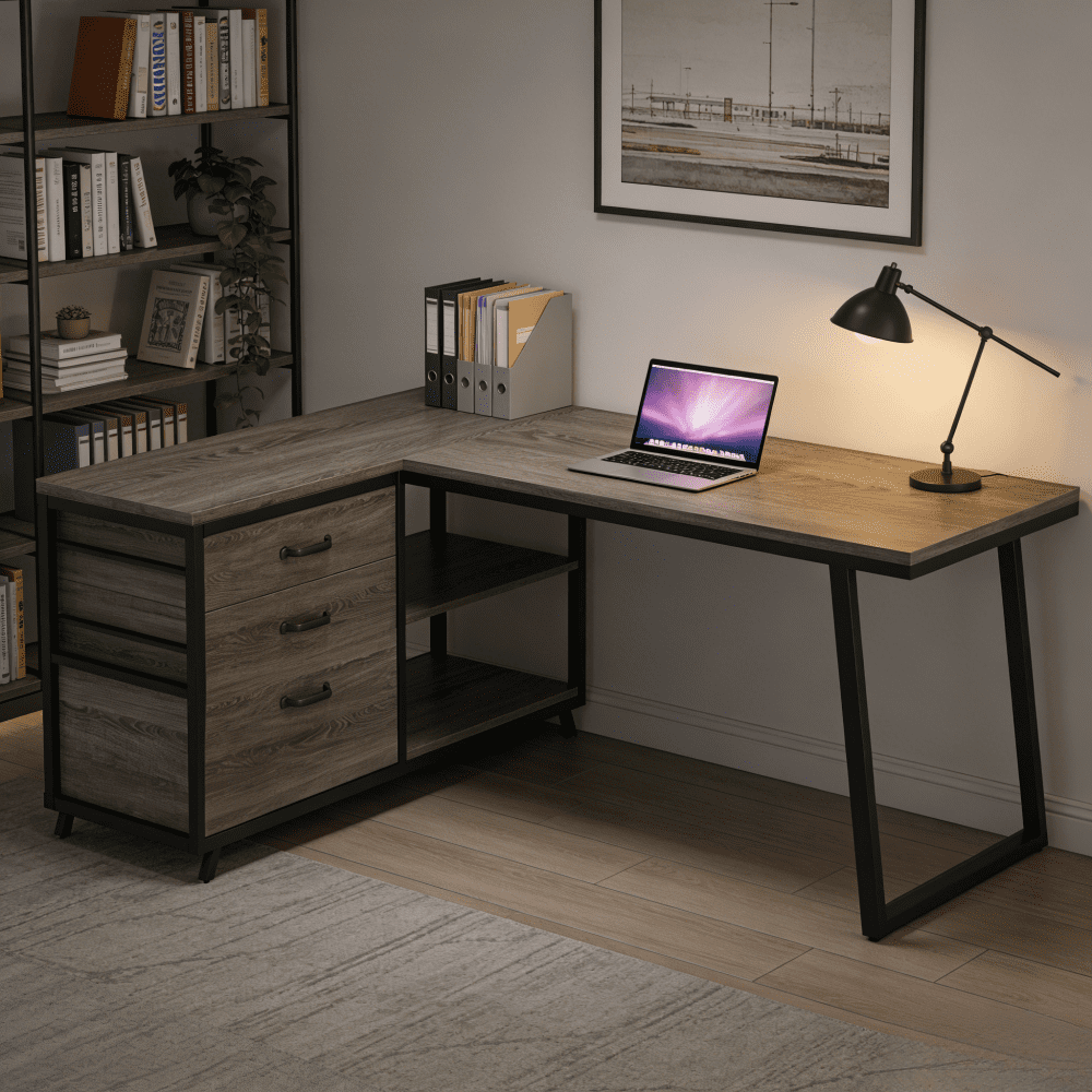 L-Shaped Desk 53In Reversible Corner Desk File Cabinet 3Drawers 2Open Shelves Industrial Style Home Office Computer Desk Adjustable Leg Pads Gaming Writing Executive Sturdy Particle Board Grey Black