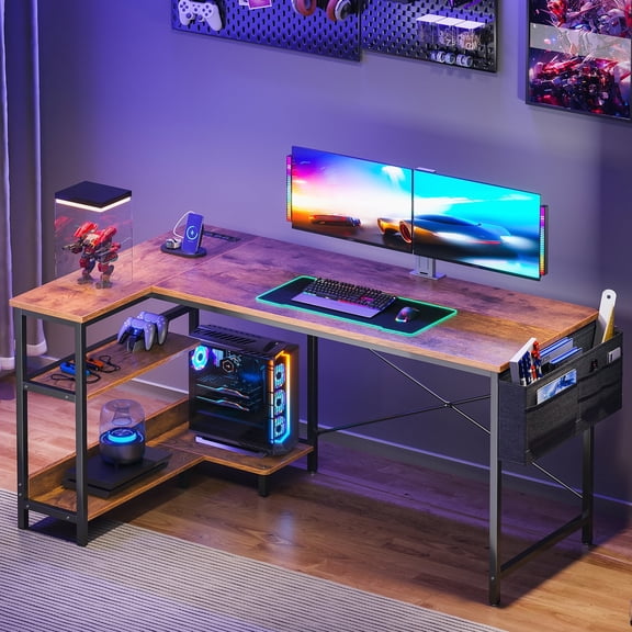 Casacomoda 55 Inch L Shaped Computer Desk with Power Outlet & Storage Shelves, Large Corner Desk with CPU Stand and Side Storage Bag, Home Office Desk, Vintage