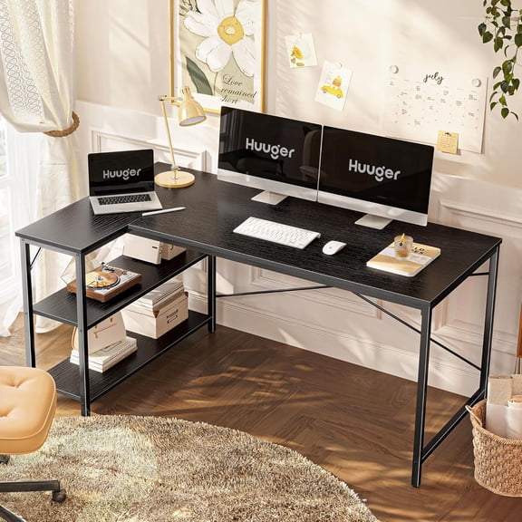 L Shaped Desk, 55 Inches Computer Desk with Reversible Storage Shelves, for Gaming Corner Home Office Writing Study, Metal Frame, Black