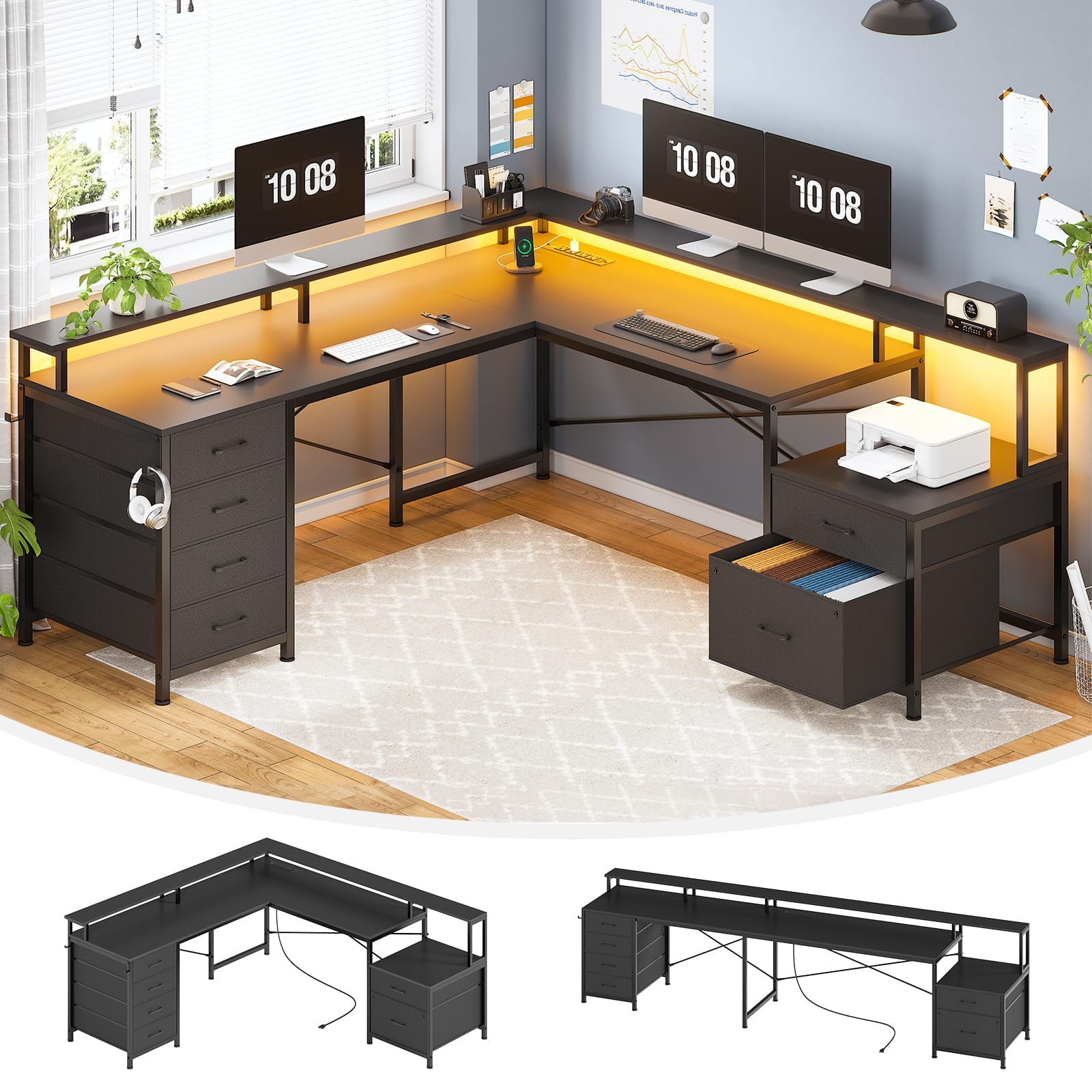 Black L-Shaped Corner Computer Desk with Drawers and Power Outlet
