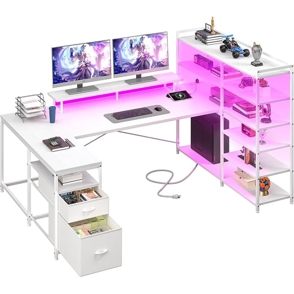 L Shaped Desk with 6 Storage Shelves & 2 Fabric Drawers,63'' Computer Desk Gaming Desk with Power Outlet & LED Strip,Reversible U Shaped Office Desk with Monitor Stand, White