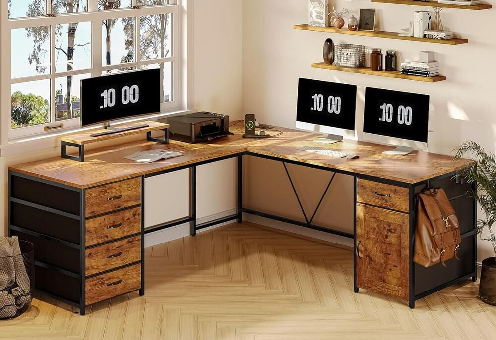Rustic Brown L-Shaped Computer Desk with Drawers and Power Outlet