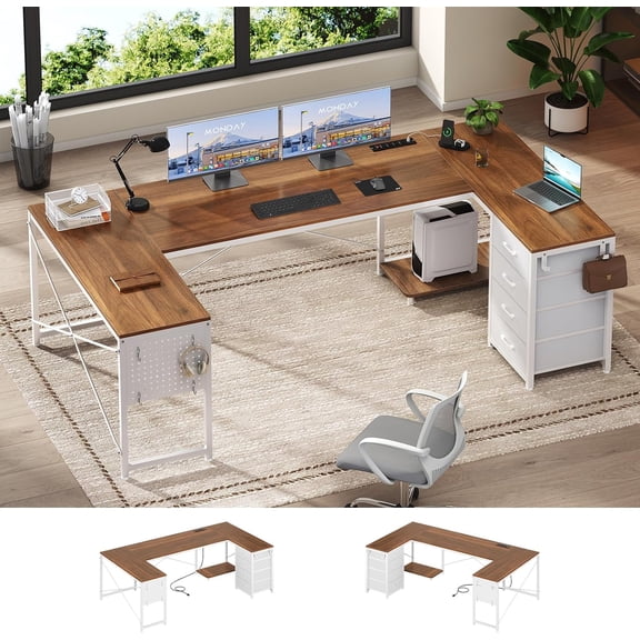 L Shaped Desk, 67" Reversible Computer Desk with 4 Fabric Drawers and Power Outlet, Corner U Shaped Desks with Shelf and Pegboard for Home Office, Brown+White