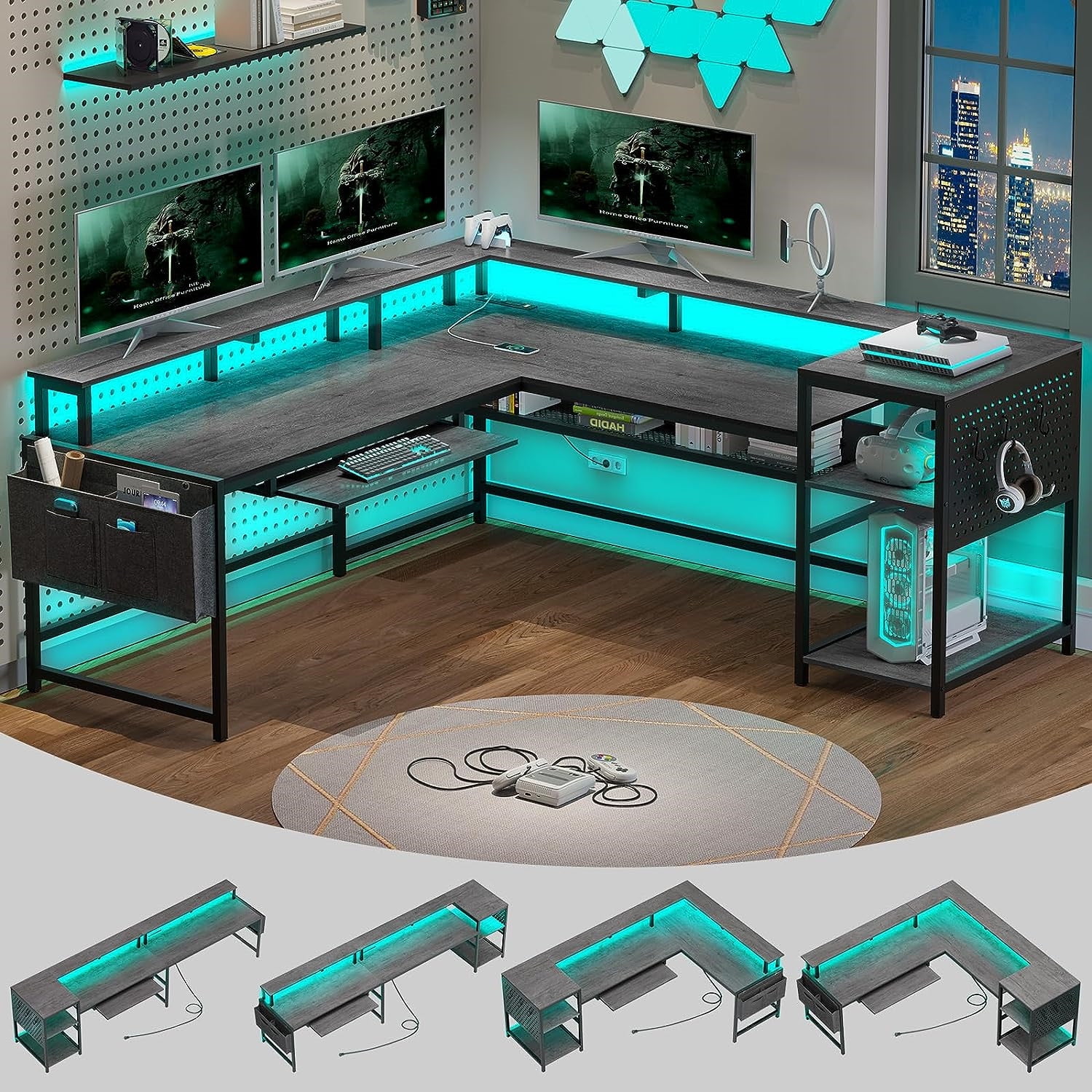 L Shaped Desk 96 Reversible Computer Desk with Power Outlets LED Strip Keyboard Tray for Home Office Grey