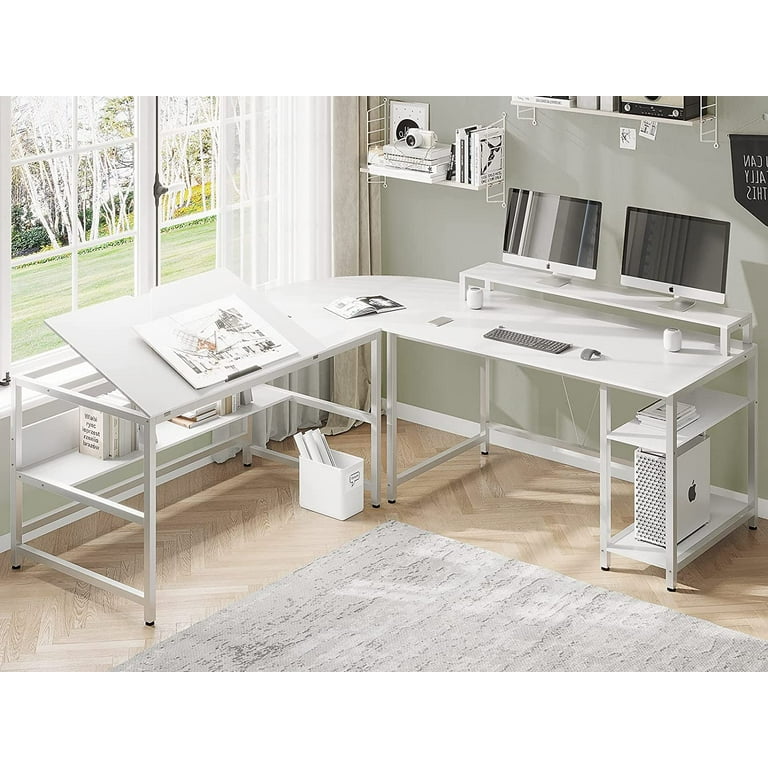 L Shaped Desk Art Study Writing Table with Tiltable Desktop 68.9 inches Corner Computer Desk Workstation for Home Office White