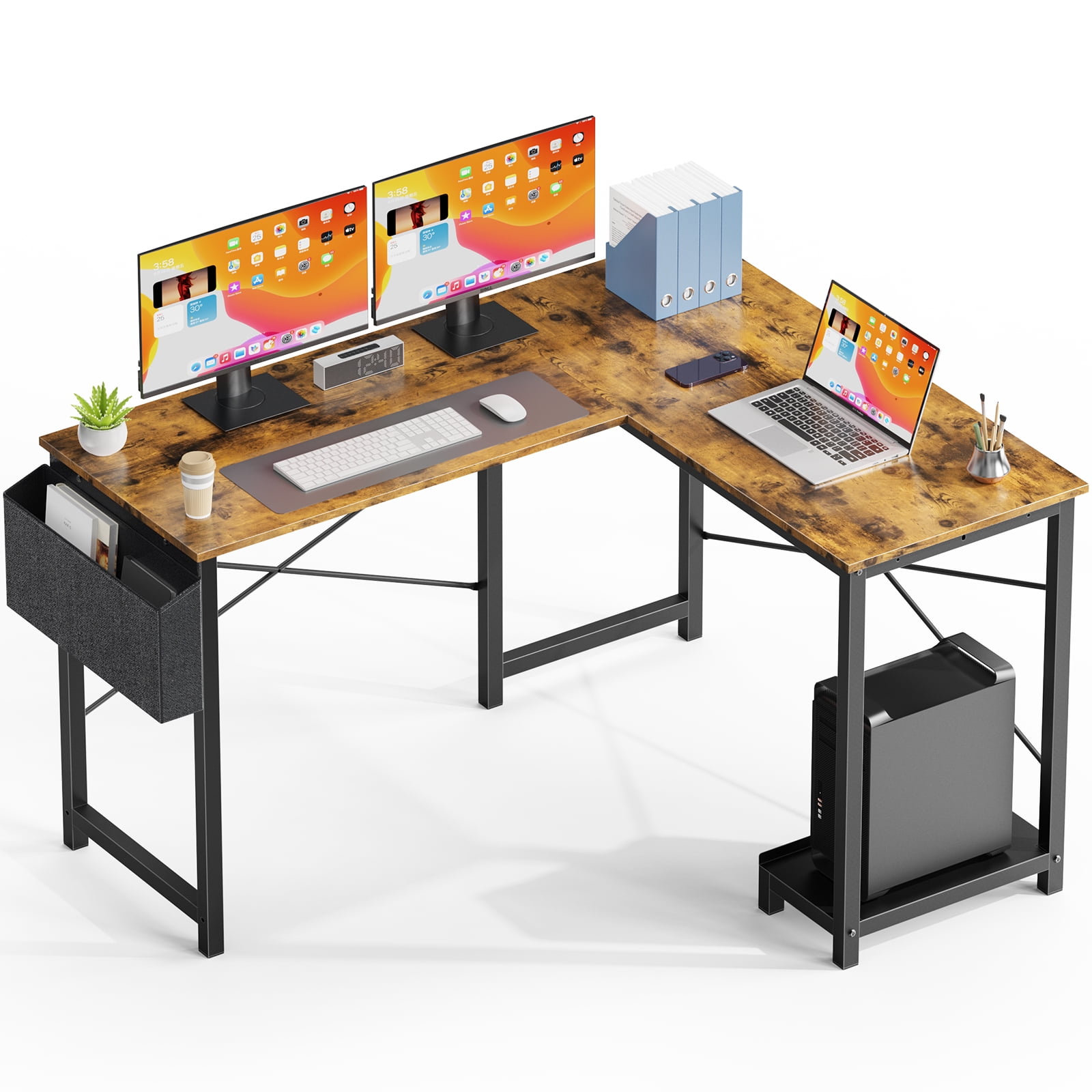 L Shaped Desk,Computer Corner Desk,PC Gaming Desk Table with Side Storage Bag-brown
