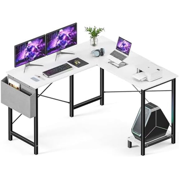L Shaped Desk - Computer Desk Corner Desks Gaming Desk PC Table with CPU Stand Side Bag for Home Office Dorm Sturdy Writing Workstation, White, 50-Inch
