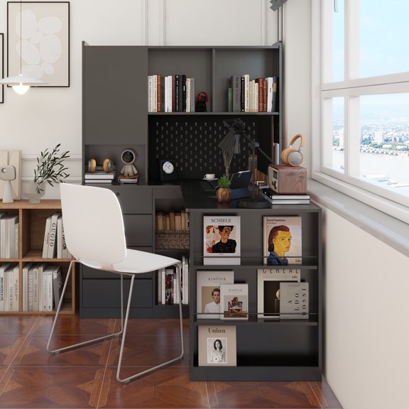 L Shaped Desk,Computer Desk with Drawers,Bookshelf,with LED Light,Modern Corner Desk,Home Office Desk,L-Shaped Study Table Writing Desk