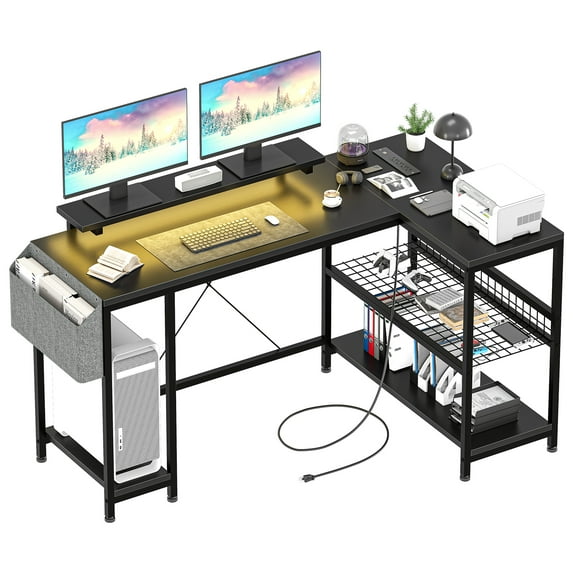 L Shaped Desk, Computer Gaming Desk with Power Outlet & Led Light, Reversible Corner Desk with Monitor Stand & Storage Shelves, Storage Bag for Home Office