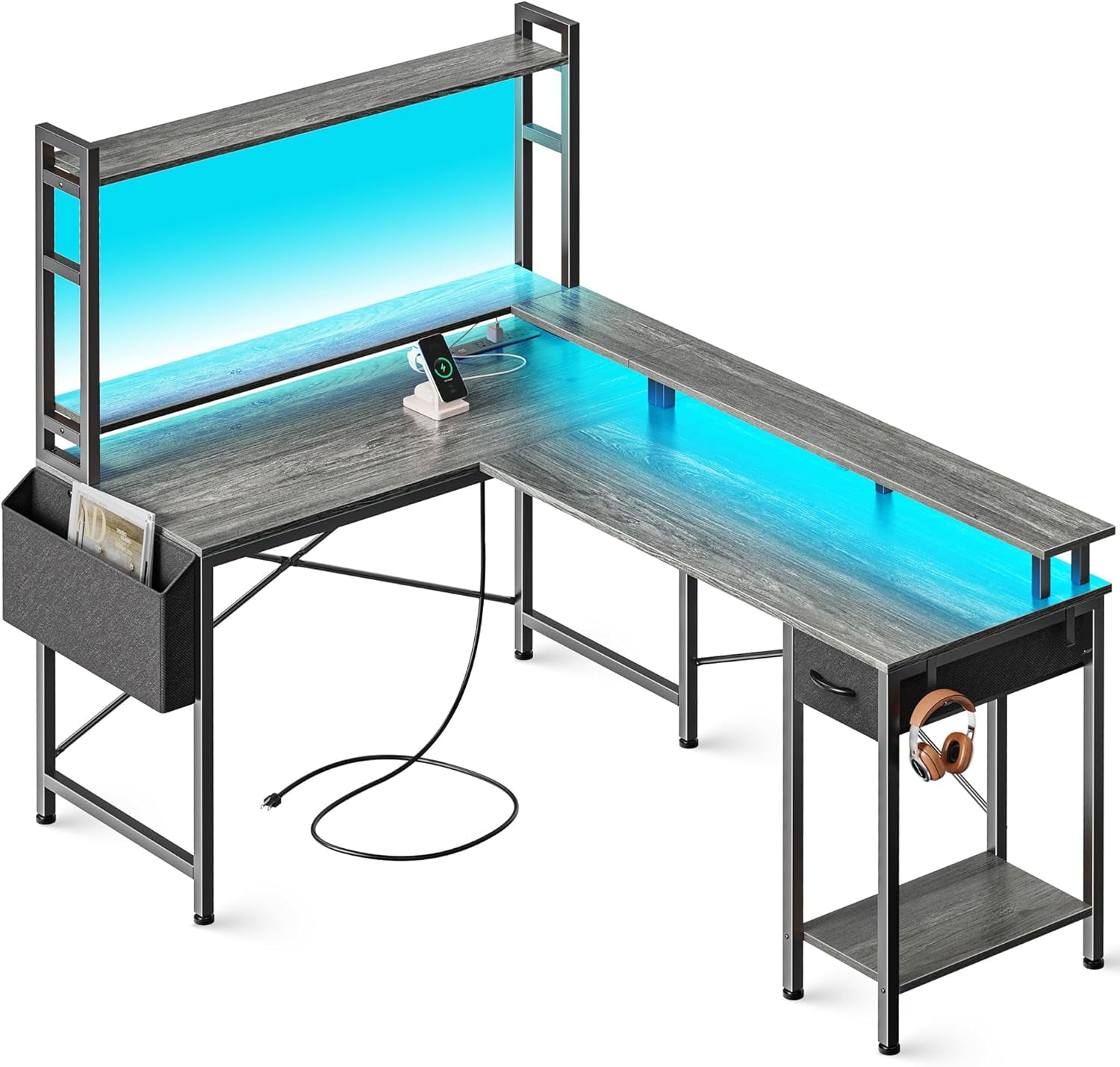 L Shaped Desk Computer Desk with LED Lights & Power Outlets Gaming Desk