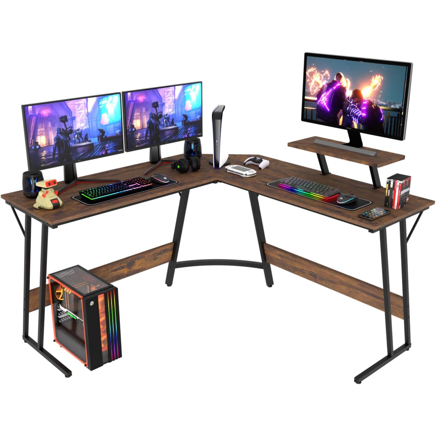 Brown L-Shaped Wood Corner Gaming Computer Desk