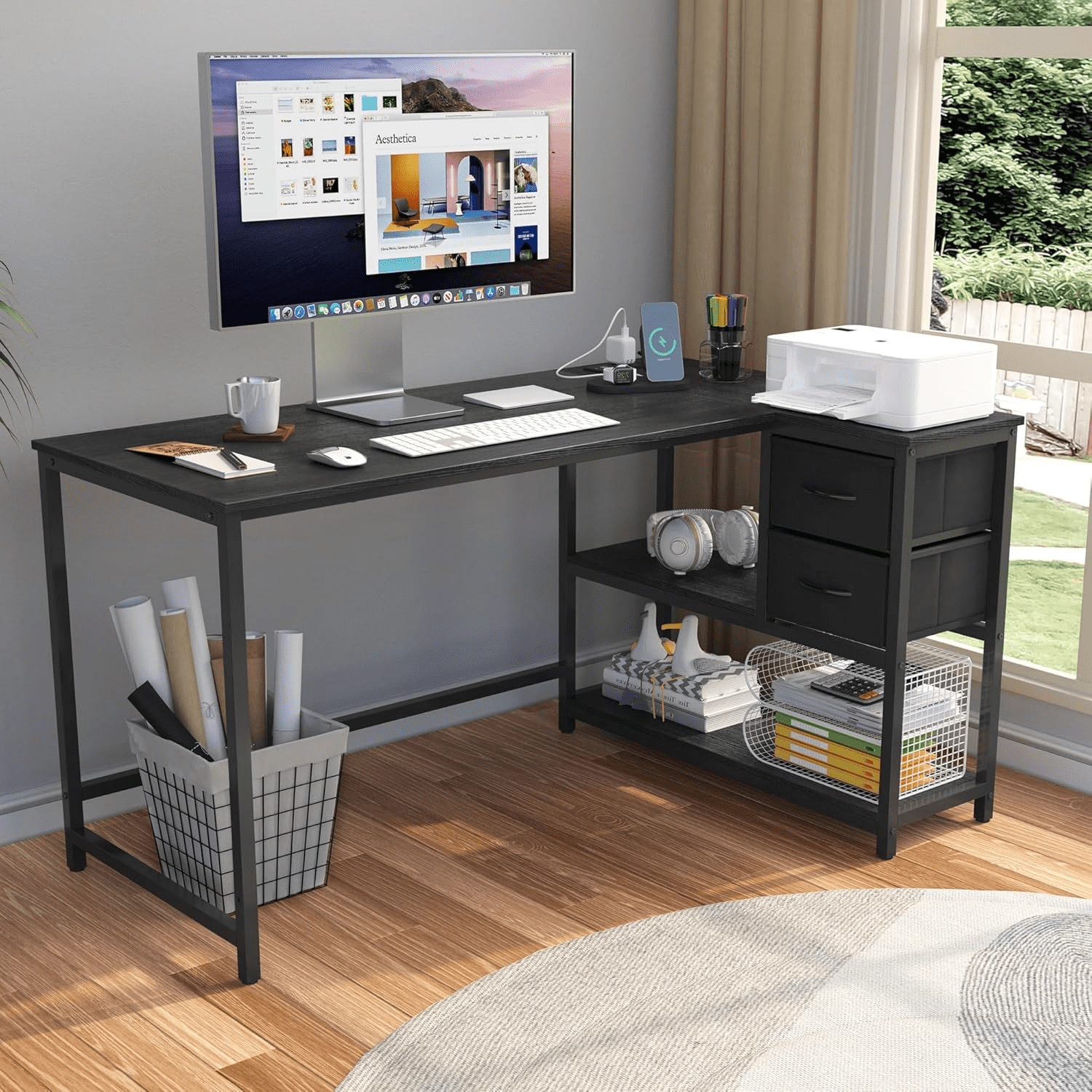 LShaped Desk with Drawers 55 in Reversible Black Office Desk for