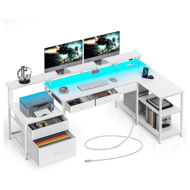 L Shaped Desk with Drawers, 64" Reversible Computer Desk with Power Outlet & LED Light, Home